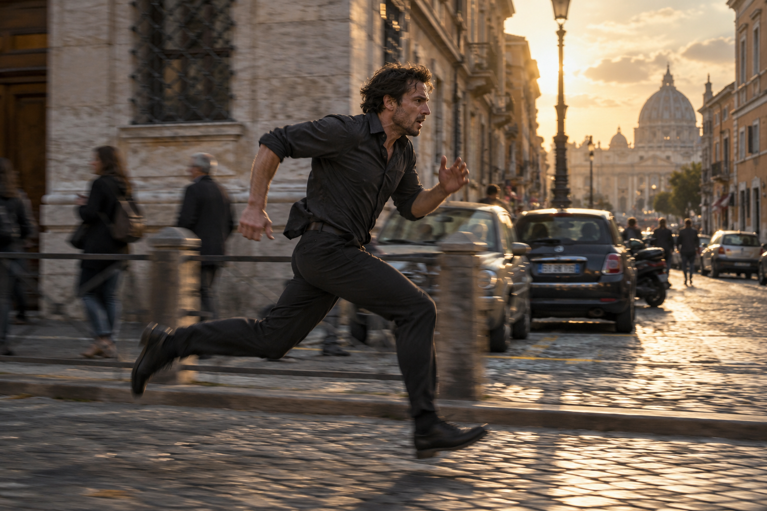 Side-profile tracking shot of an action character sprinting through a city street