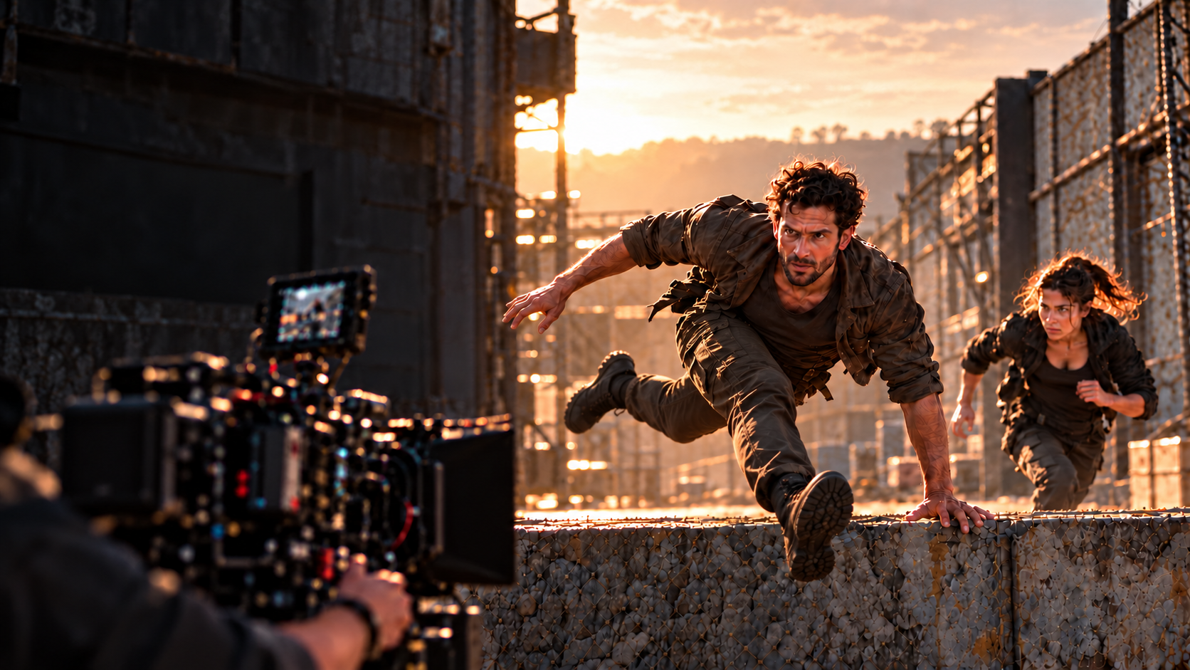 Actors performing a wall vault on an urban film set at golden hour